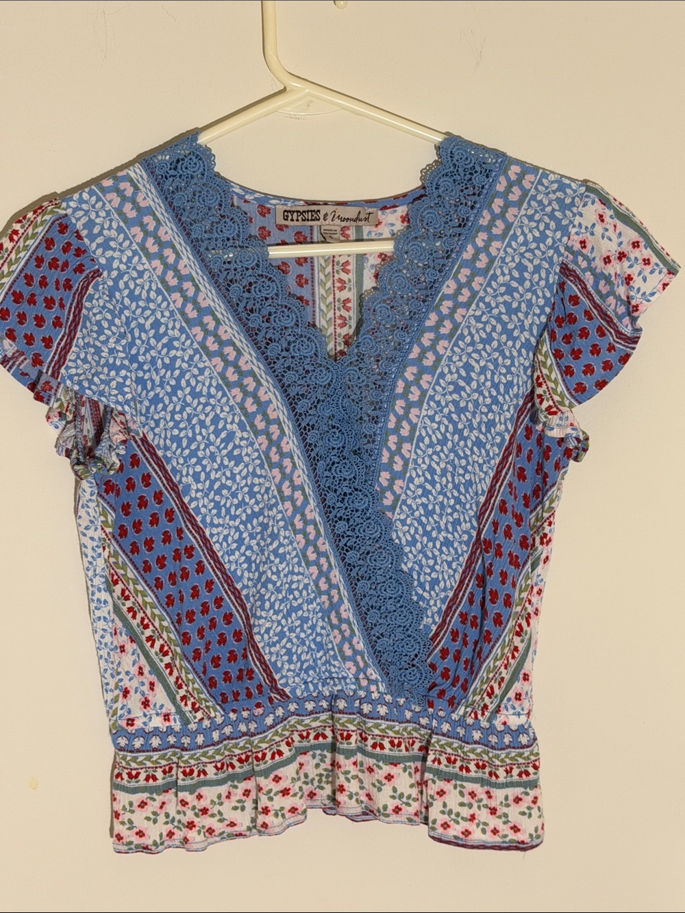 Gypsies & Moondust Blue Floral Crochet-Trim Peasant Blouse